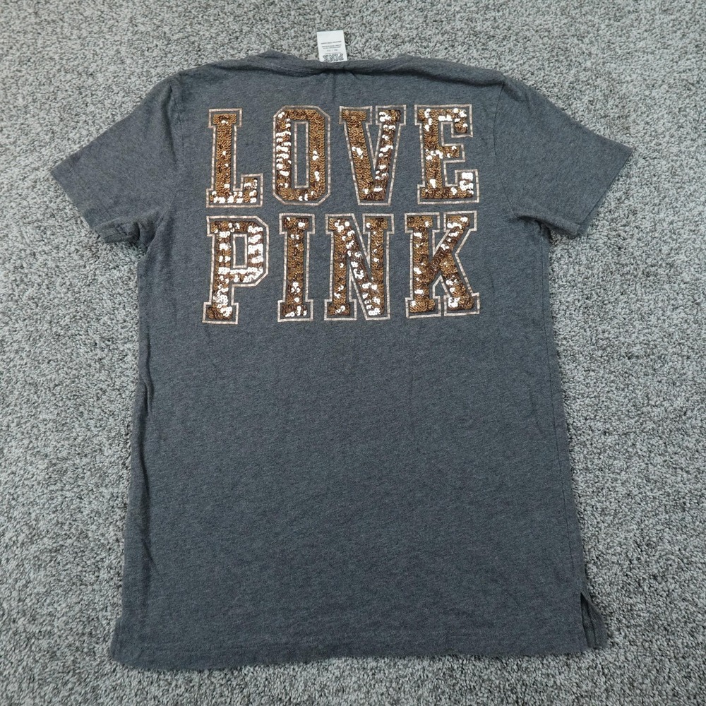 PINK Victorias Secret Shirt Womens XS Gray Sequin Short Sleeve T-shirt Tee Y2K